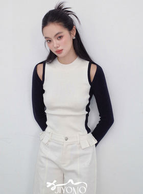 MBS.欧洲站新款JIYOOSOONG法式黑白撞色镂空毛衣设计感百搭针织衫