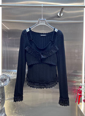 MBS.欧洲站新款法式南油高端小香风蕾丝荷叶边黑色时髦吊带上衣女