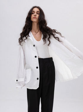 MBS.欧洲站新款FANLEONA环保皮领廓形夹克衫宽松中长工装百搭外套