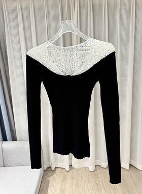 MBS.欧洲站新款英伦风辣妹百搭上衣撞色拼接设计感气质V领针织衫