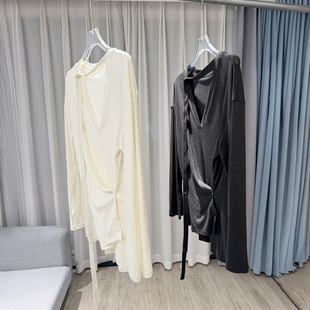 MBS.欧洲站新款 减龄上衣 英伦风V领飘带开叉T恤设计感收腰显瘦长袖