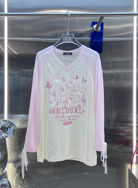 MBS.欧洲站新款BābyChìlling蕾丝刺绣字上衣母印花V领长袖T恤女