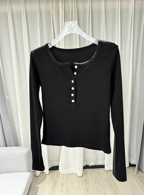 MBS.欧洲站新款圆领别致纽扣螺纹百搭打底衫多扣别致长袖百搭上衣