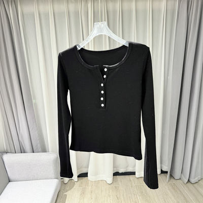 MBS.欧洲站新款圆领别致纽扣螺纹百搭打底衫多扣别致长袖百搭上衣