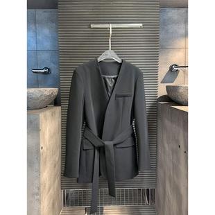 英伦风百搭简约无领中长款 HELMCH欧货新款 西服宽松飘带设计感外套