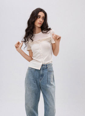 MBS.欧洲站新款FANLEONA圆领叠穿假两件上衣蕾丝拼接减龄短袖T恤