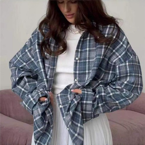 时尚复古格纹宽松长袖衬