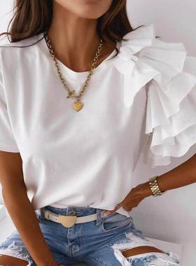 Sleeve Asymmetric Loose T-shirt Top for Summer Women Blouses