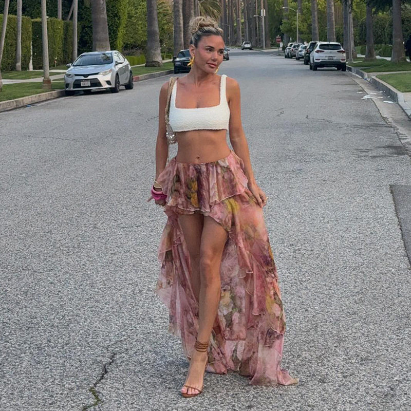 Sweetown Beach Boho Floral Print Chiffon Ruffled Skirt Women