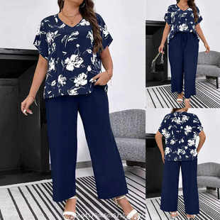 套装 size Women pants casual loose print Plus suit 大码 shirt