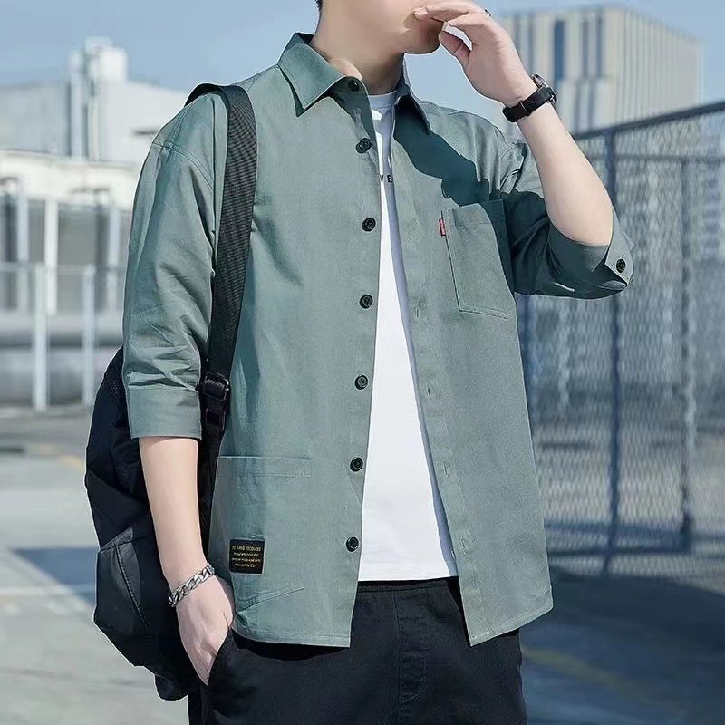 一件代发纯棉水洗七分袖男士衬衫