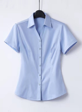 职业V领短袖女装夏新款蓝色衬衫酒店美容院正装工装工作服白衬衣