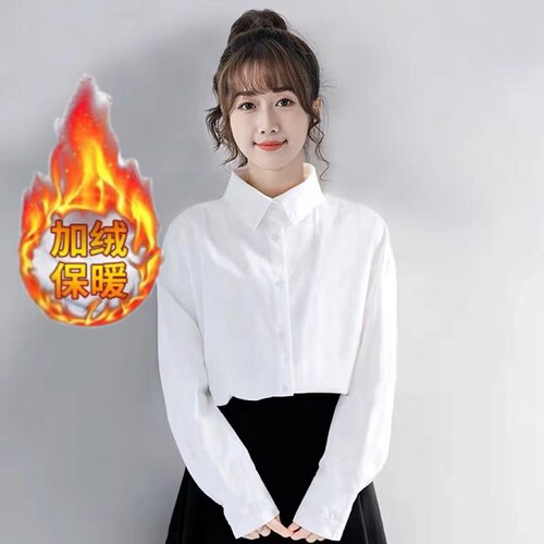 大码女装加绒加厚白衬衣2023年春秋冬百搭宽松衬衫女长袖纯色上衣