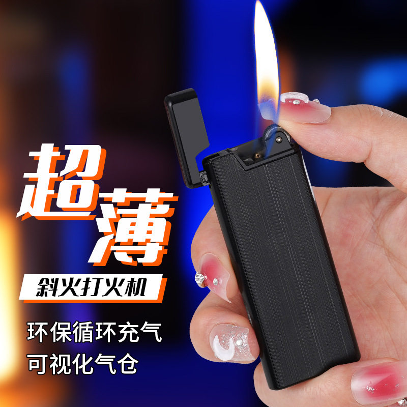 日本超薄小巧斜火充气打火机树脂金属砂轮循环充气打火机高档送礼