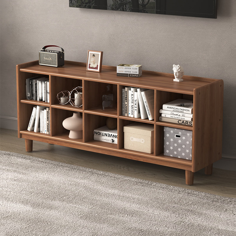 实木落地矮书架置物架家用胡桃木书柜矮柜日式格子柜电视柜一体