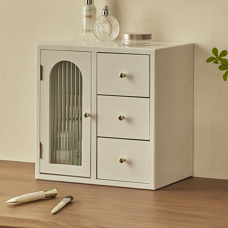 实木桌面抽屉收纳盒化妆品长方形白色收纳柜梳妆台护肤品防尘木盒