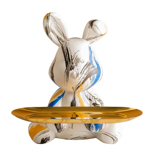 欧式网红涂鸦兔树脂托盘摆件收纳