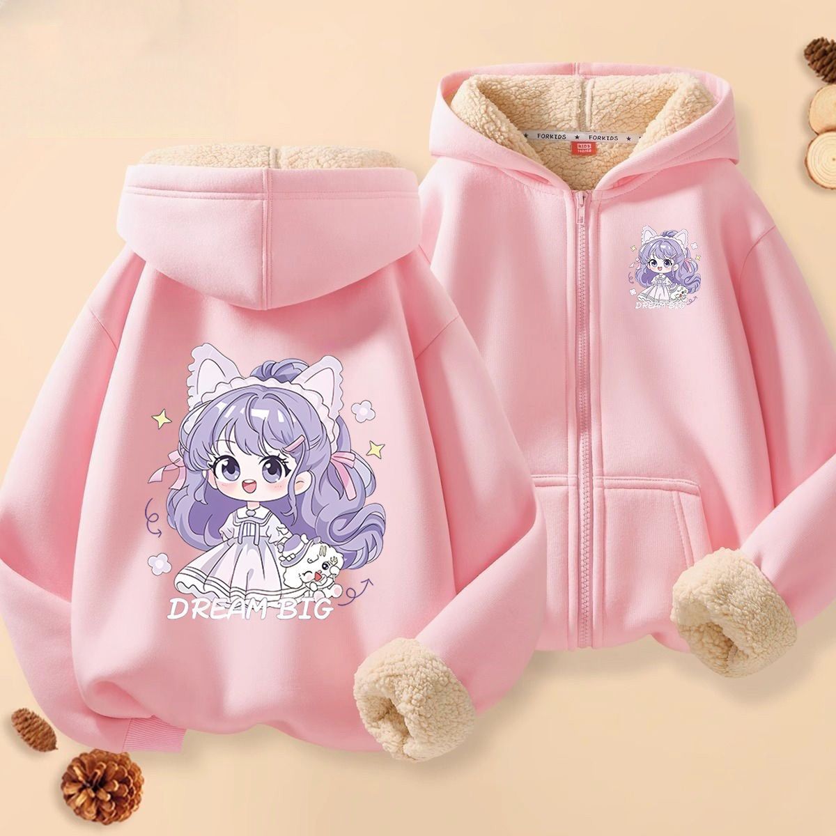 尾大狸2025羊羔绒外套连帽拉链卫衣可爱女童保暖潮宝宝外套舒适感