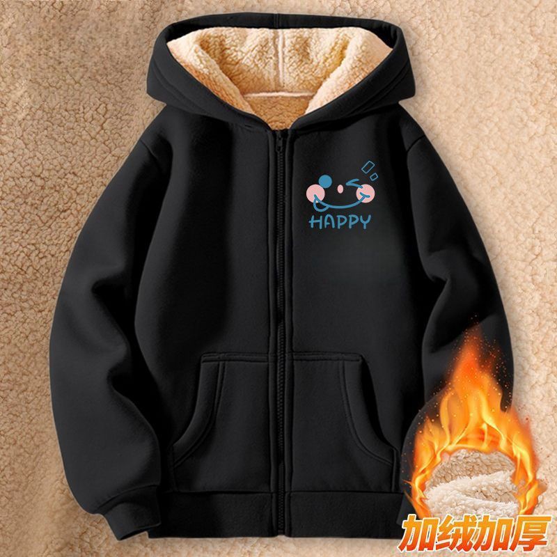 尾大狸2025冬季新款羊羔绒女童外套儿童加绒加厚连帽卫衣开衫简约