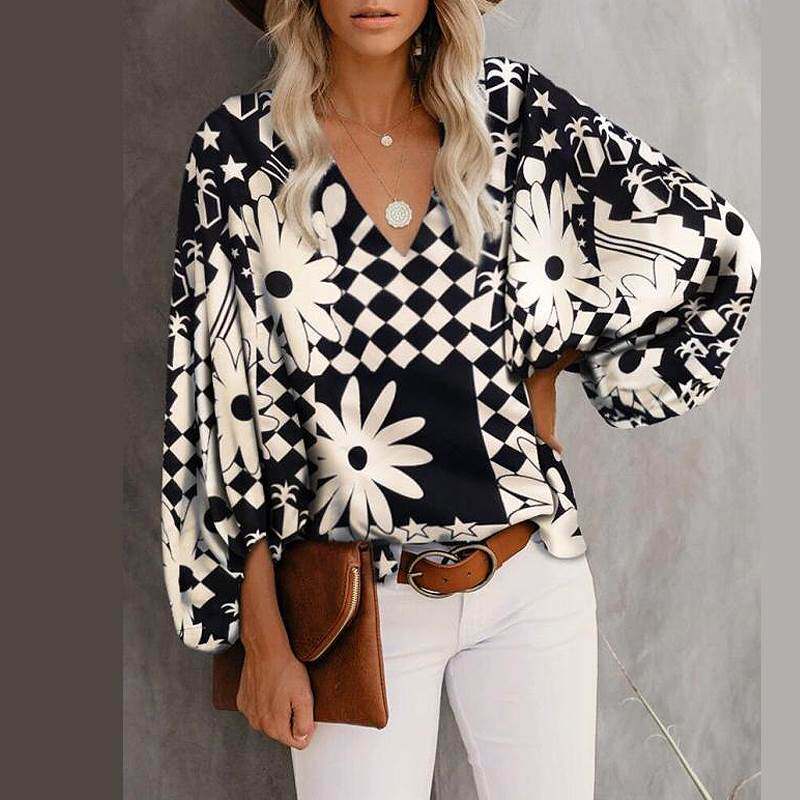 欧美复古豹纹几何碎花v领宽松灯笼袖9分袖套头衬衣衬衫blouse top