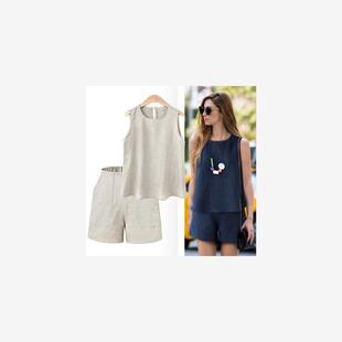 外贸大尺码女装速卖通宽松文艺短款无袖气质亚麻背心短裤套装夏款