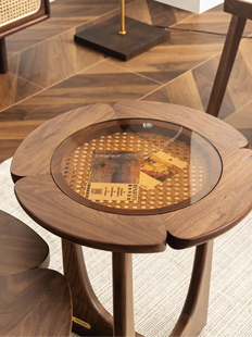 中覆古实木玻璃圆形睡莲花茶几小户型客厅飘窗胡桃矮茶台桌子侘寂