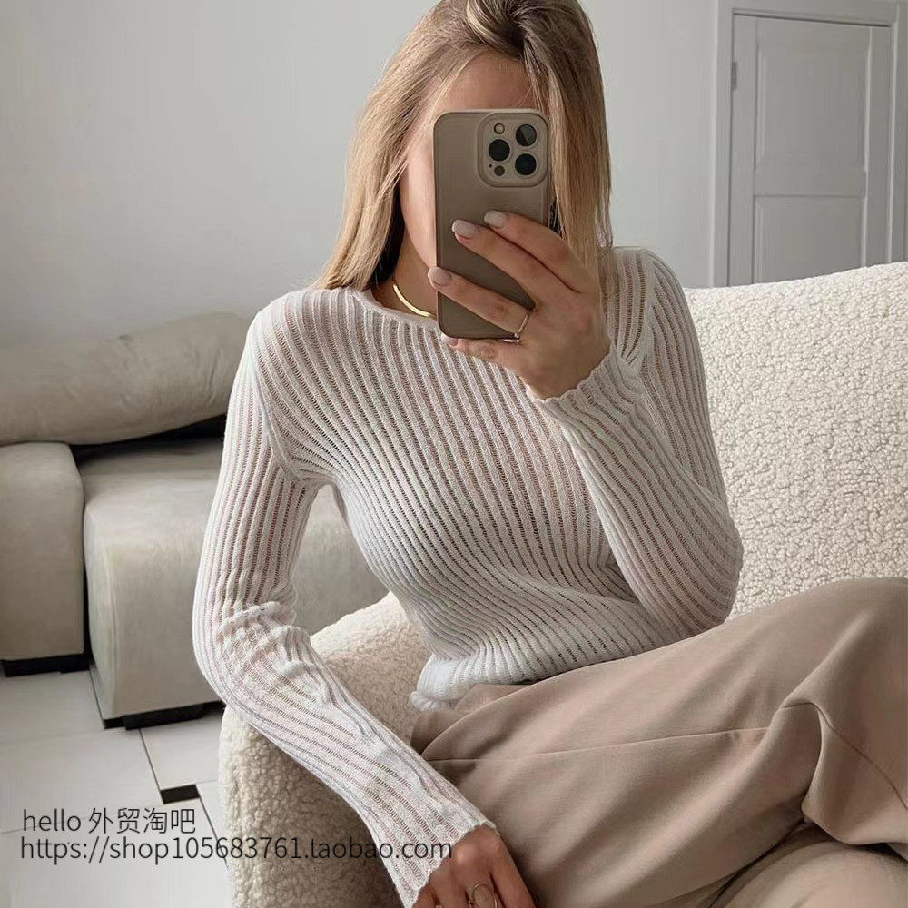 欧美性感修身圆领长袖薄款透视针织衫 Sexy Perspective Knitwear