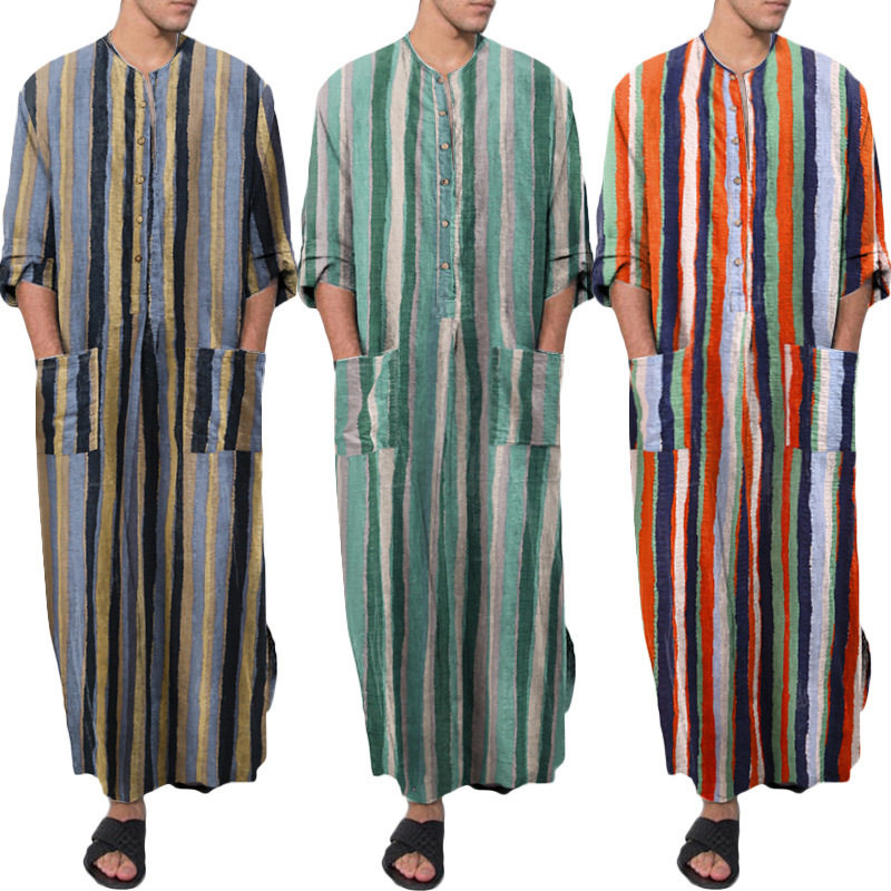 Man Half Sleeve Striped Long Shirts Men Casual Long Robes