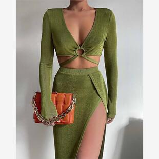 镂空开叉裙套装 Neck Cut Top Split Out Skirt Set长袖 Crop