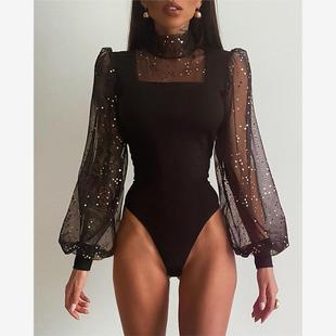 网纱烫片性感连体上衣 Puff Lantern Sleeve Skinny Bodysuit
