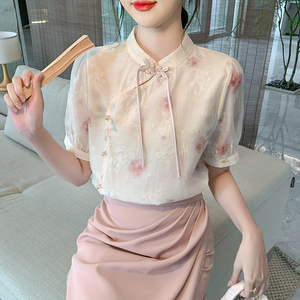 2024夏季新款圆领印花短袖盘扣新中式衬衫女风上衣夏