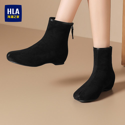 HLA/海澜之家2026新款秋冬法式绒面短靴女黑色平底瘦瘦靴切尔西靴