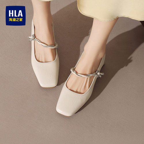 HLA/海澜之家2026新款法式方头玛丽珍鞋女浅口透气一字带单鞋女鞋