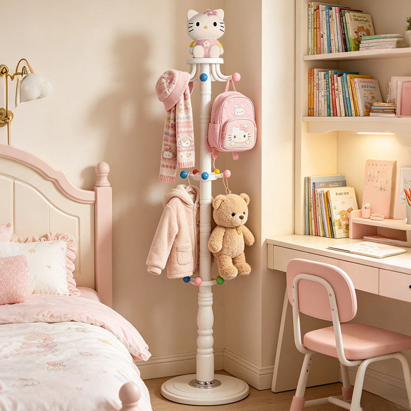 加粗儿童衣帽架卧室落地挂衣架子卡通可爱凯蒂猫宝宝家用带存钱罐