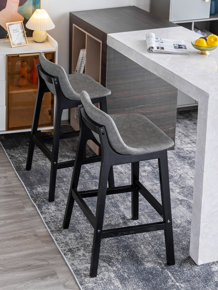 实木酒吧椅吧台椅现代皮艺家用中岛台椅简约吧凳前台接待高脚椅子