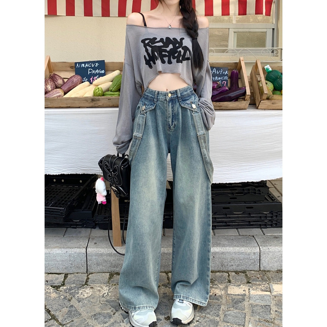 可拆卸两穿牛仔裤女2024新款美式高街背带宽松复古显瘦九分阔腿裤