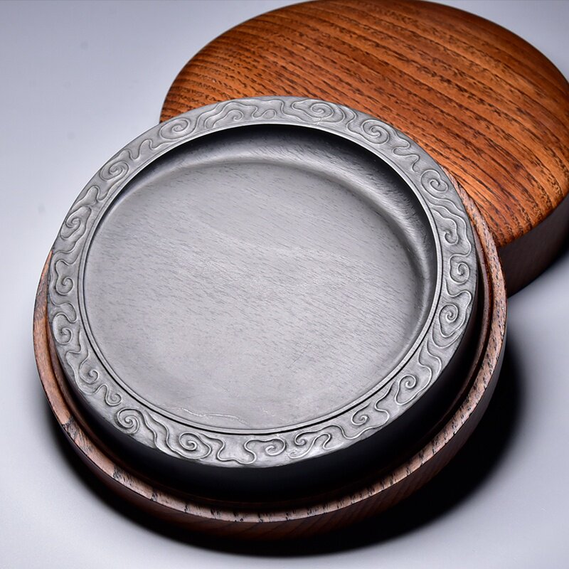 联星歙砚 名师张子坚匠心制砚圆形素砚小楷抄写经龙尾砚老坑乌钉