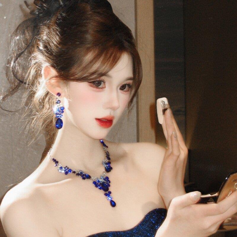 蓝色宝石水滴项链耳环套组晚礼服轻奢高级感夸张配饰克莱因蓝耳饰