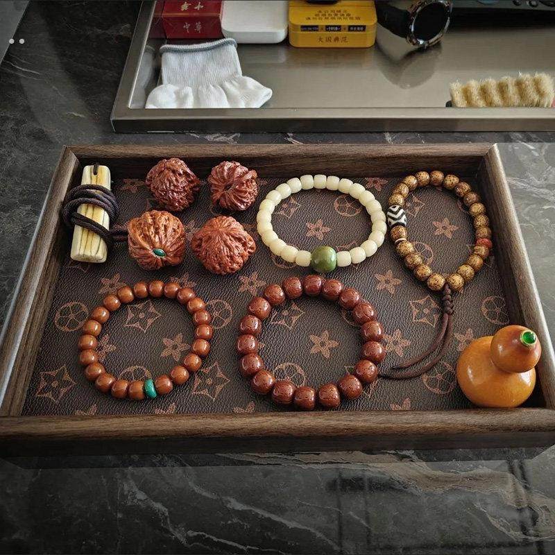 中古复古长方形桌面首饰摆件钥匙玄关收纳盒轻奢皮革茶盘托盘家用