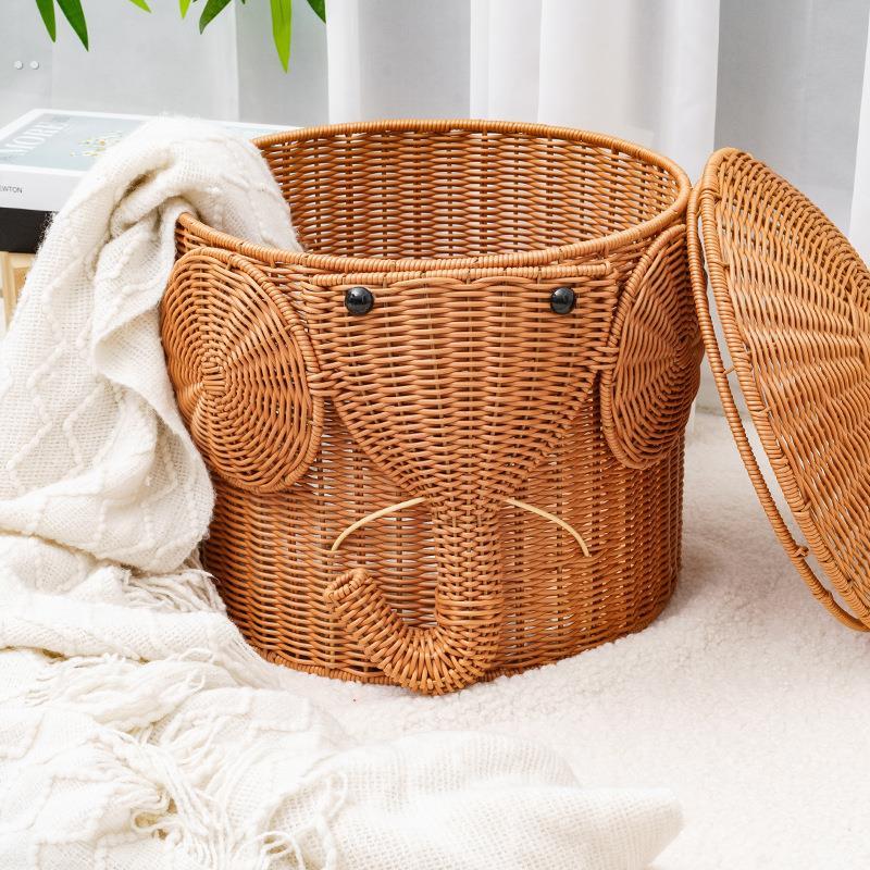 创意大象带盖收纳筐手工彷藤编织衣物收纳箱家用圆形杂物桶玩具篮