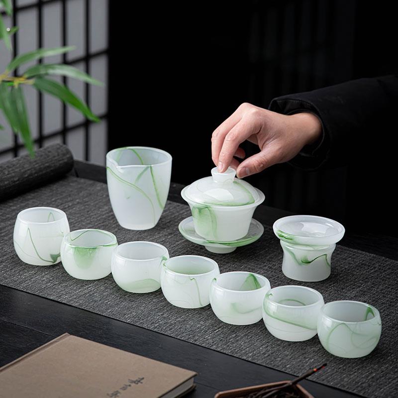 水墨琉璃功夫茶具套组办公送礼盖碗茶杯泡茶壶轻奢会客礼品白玉瓷