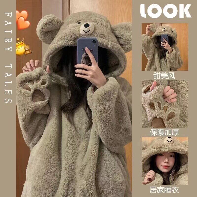 珊瑚绒睡衣女冬季新款ins可爱小熊少女外穿法兰绒网红家居服套装x