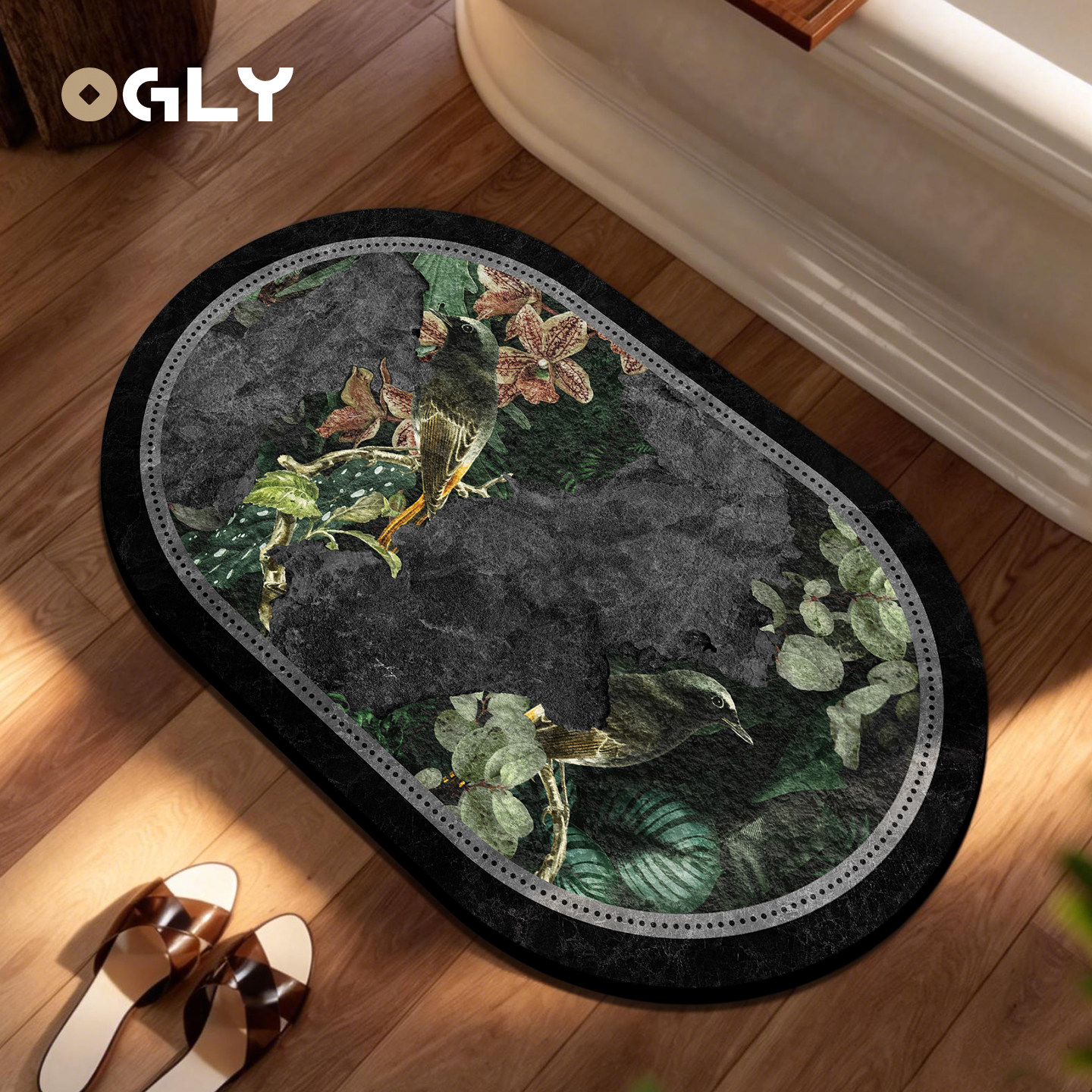 OGLY卫生间浴室地垫防滑吸水硅藻泥软垫植物花卉椭圆地垫家用地毯