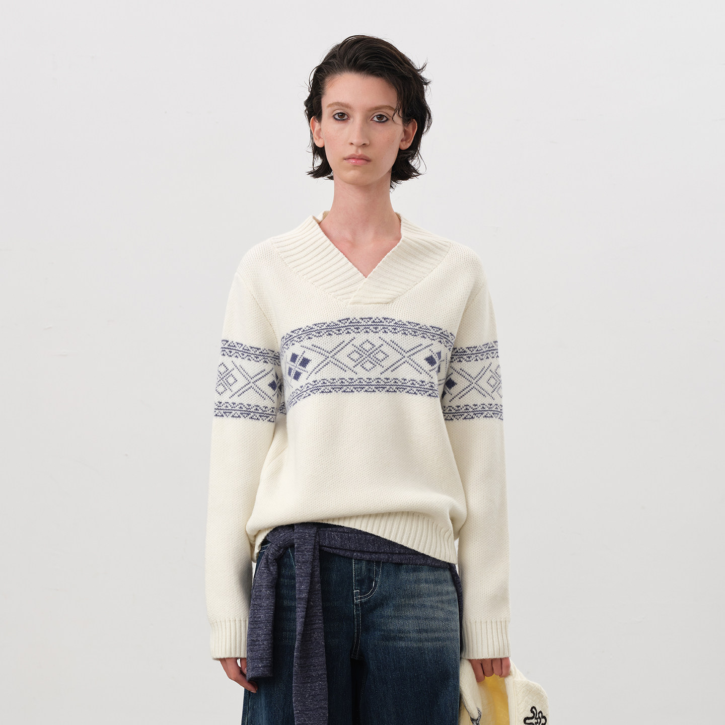 Howwell 手织几何小翻领提花毛衣 FOLK KNIT