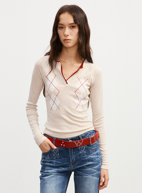 Howwell 25AW Light Page 撞色明线菱格 修身针织上衣