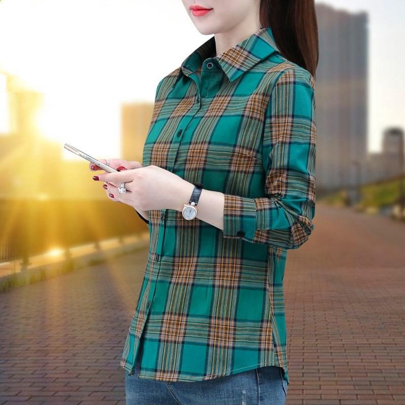 格子衬衫女2025春夏新款纯棉修身百搭妈妈长袖打底衫时尚休闲衬衣