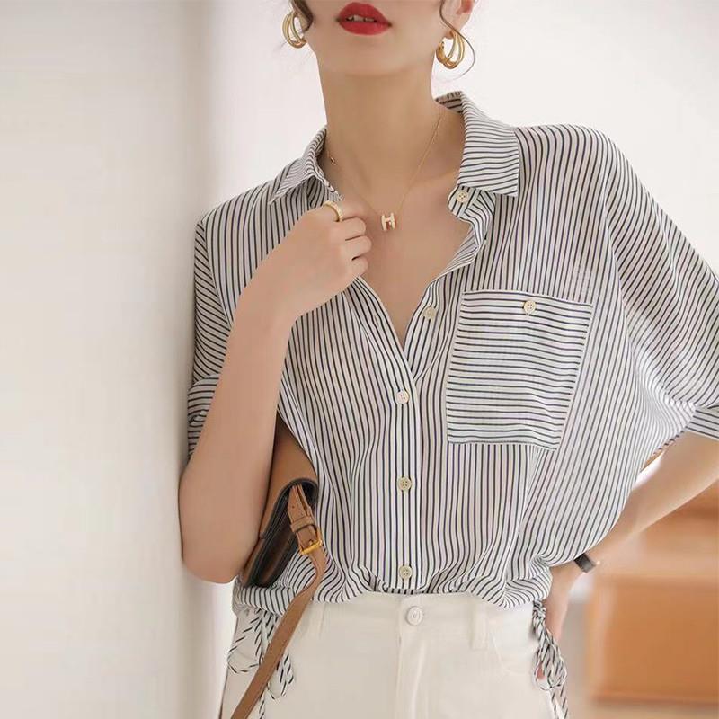 欧洲站条纹仿真丝衬衫女高级感轻奢2025新款夏季冰丝收腰显瘦上衣