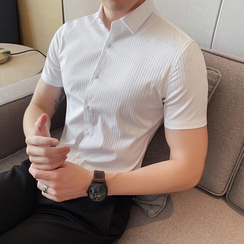 高端条纹短袖衬衫男轻奢商务正装免烫抗皱休闲高级感衬衣韩版修身