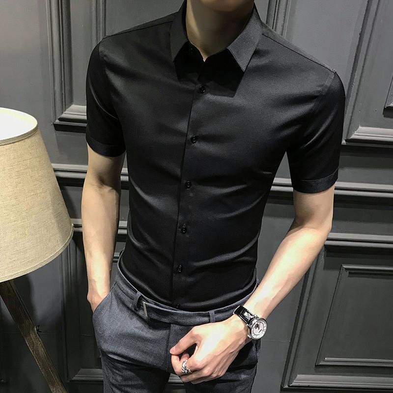高级感黑色衬衫男短袖夏季薄款免烫修身帅气半袖衬衣冰丝休闲寸衫