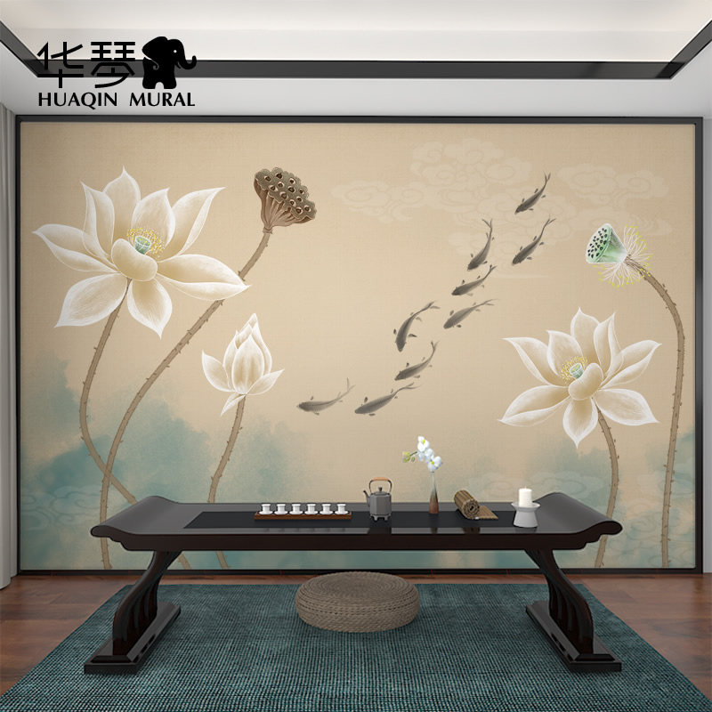 新中式荷花墙纸客厅沙发电视背景墙壁纸莲花壁画水墨九鱼图墙布
